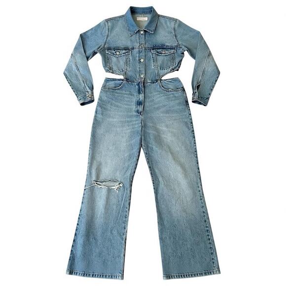 Zara Women Blue Full Length Wide Leg Denim Jumpsuit With Side Cut-Outs Size XL - Picture 9 of 9